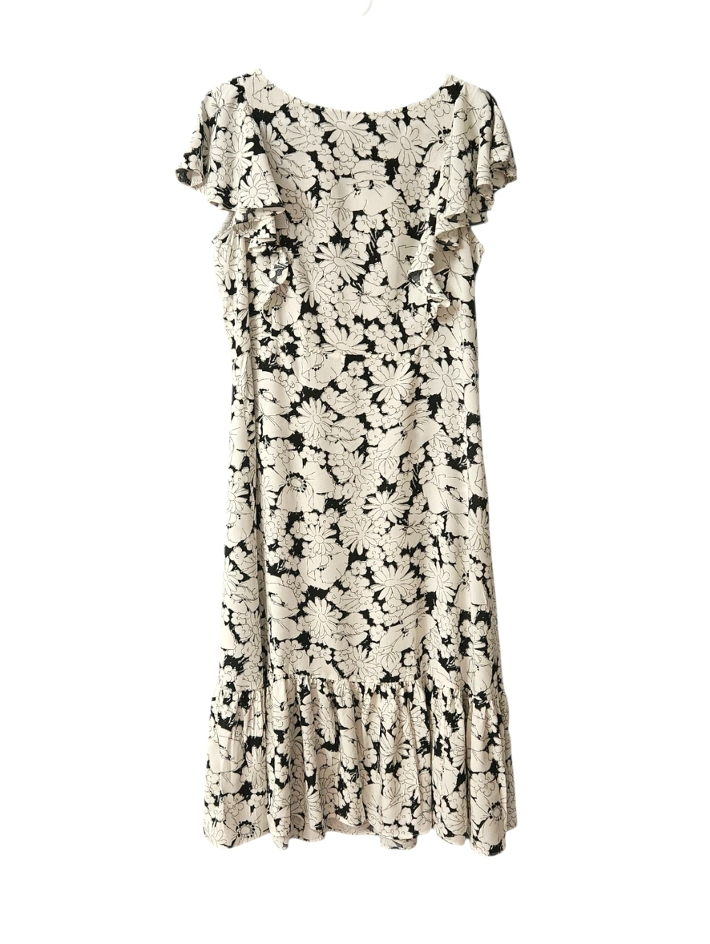 Chaps Floral Midi Dress Ruffles Women Large Black Off White